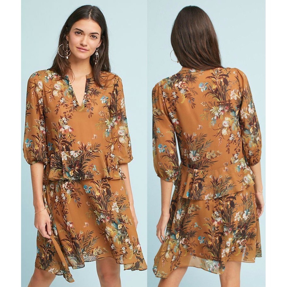$168  New ANTHROPOLOGIE Printed Flutter-Sleeve Shirtdress Gold Floral  XS